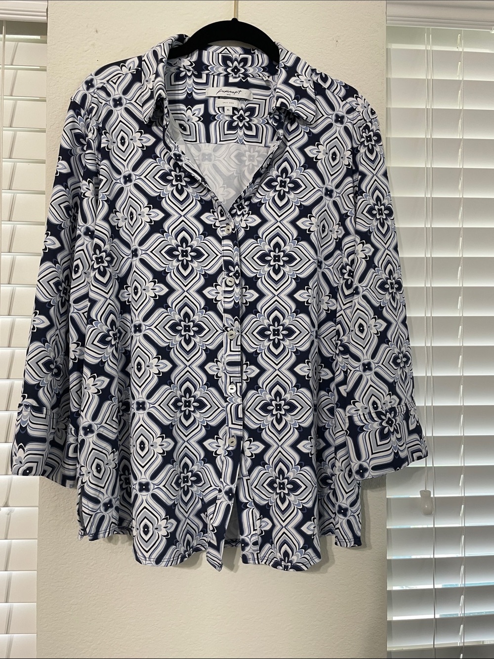 Foxcroft Navy and White Geometric Print Button-Down Blouse